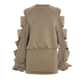 Hollow out long sleeve crewneck mini skirt set