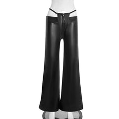 Zip-up PU leather hollow out wide leg pant