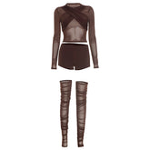 Crewneck long sleeve ruched mesh pant set