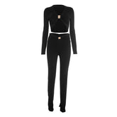 Long sleeve v neck ruched solid crop pant set