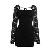 Long sleeve lace square neck self tie mini dress