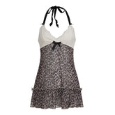 Halter v neck bowknot leopard print mesh mini dress
