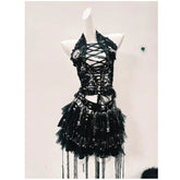 Halter skull beaded lace up lace mesh backless top