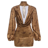 Cowl neck long sleeve high neck ruched mini dress