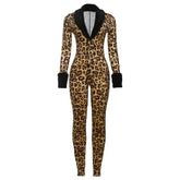 Long sleeve v neck leopard print fluffy jumpsuit