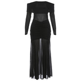 Off shoulder mesh patchwork long sleeve ruched maxi dress