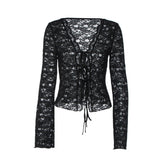 V neck long sleeve lace see through self tie top