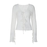 Self tie v neck long sleeve textured solid top
