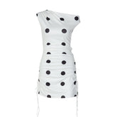 Off shoulder polka dot drawstring mini dress
