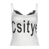 U neck lace hem letter print cami top