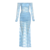 Long sleeve off shoulder lace ruched maxi dress