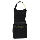 Halter metal chain u neck solid mini skirt set