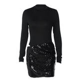 Long sleeve crewneck glitter hollow out cut out mini dress