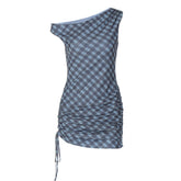Plaid ruched drawstring irregular mini dress