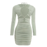 Ruched long sleeve hollow out self tie cut out mini dress