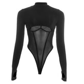 Hollow out long sleeve crewneck mesh bodysuit