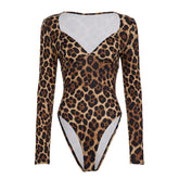 V neck long sleeve leopard print bodysuit
