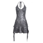 Halter v neck leopard print ruffle mini dress