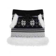 Drawstring fluffy print contrast mini skirt
