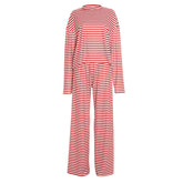 Striped print crewneck drawstring medium rise pant set