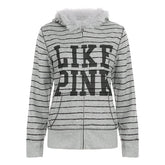 Hoodie fluffy long sleeve zip-up "LIKE PINK" pattern top