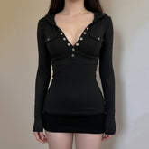 V neck button long sleeve hoodie solid top