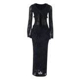 Long sleeve v neck lace self tie ruffle maxi skirt set