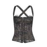 Cross back lace button backless cami top