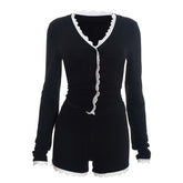 Lace hem long sleeve v neck button low rise pant set