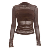 Ruched mesh long sleeve crewneck top