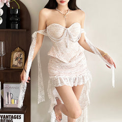 Lace ruched ruffle maxi skirt
