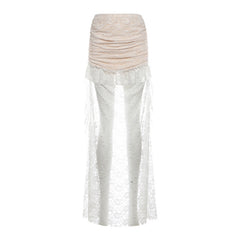 Lace ruched ruffle maxi skirt