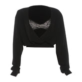 Long sleeve lace v neck cami crop 2 piece top