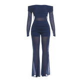 Off shoulder long sleeve ruched mesh jumpsuit