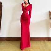Long sleeve v neck lace maxi dress