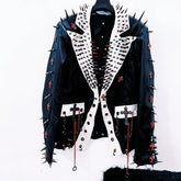 Long sleeve rivet PU leather turnover collar coat top