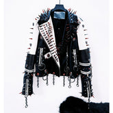 Long sleeve turnover collar rivet metal chain coat top