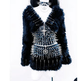 Long sleeve v neck rivet fluffy zip-up coat top