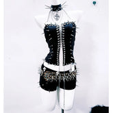 Halter PU leather rivet leopard print top