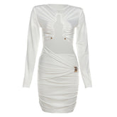 Long sleeve hollow out ruched crewneck cut out mini dress