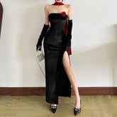 Slit flower applique backless tube maxi dress