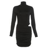 Ruched high neck long sleeve button mini dress