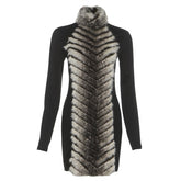 High neck fluffy long sleeve zip-up mini dress