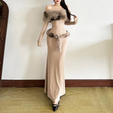 Long sleeve off shoulder fluffy maxi dress