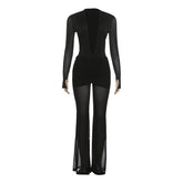 Gloves long sleeve deep v neck mesh pant set