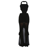 Ruched mesh patchwork ruffle halter maxi dress