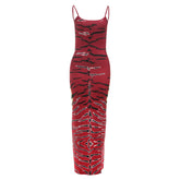 U neck slit print backless cami maxi dress