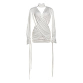 Hollow out v neck ruched long sleeve cut out mini dress