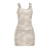 Glitter u neck flower applique tank mini skirt set