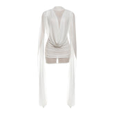 Mesh ruched crewneck solid mini dress